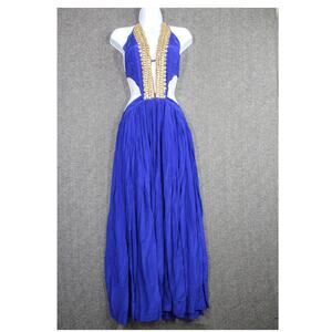 Manish Vaid Elegant Halter Blue and Gold Women's Dress Size S/M